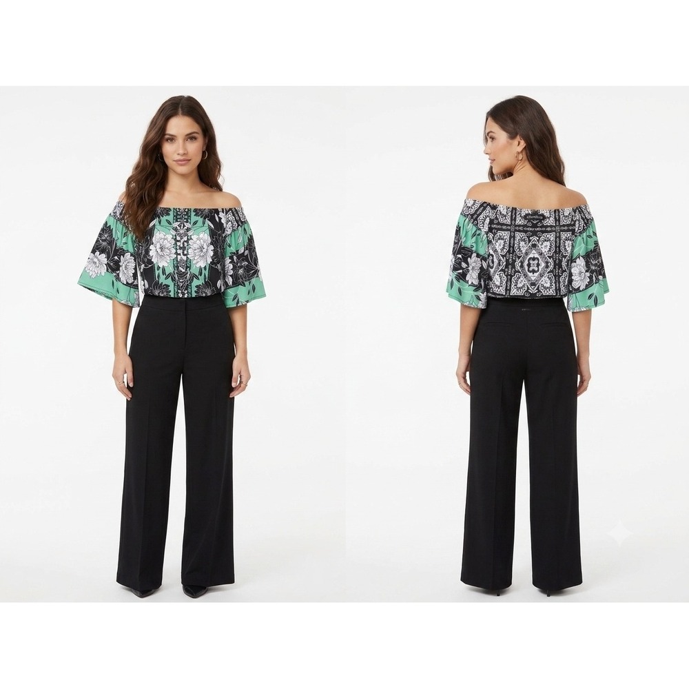 Julian Chang Green Black Floral Paisley Off Shoulder Bell Sleeve Tunic Top M